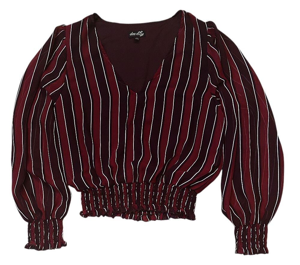Dee Elly V-Neck Smocked Cuff Tapered Long Sheer Sleeve Red & Black Top Medium
